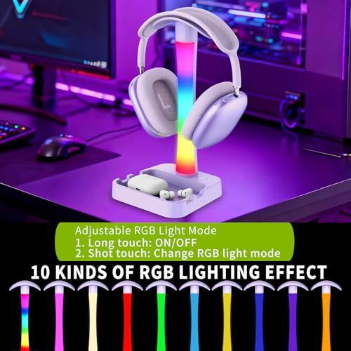 Headphone Stand with Charger,Gaming Headset stand with RGB Light Mode,For Airpod Max Stand,Desk Lamp,Phone Holder,Tablet Holder,desktop organizer,Gifts for Gamers & Music Lover (Purple) - color: Purple