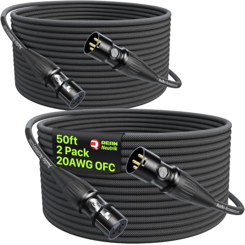 50ft XLR Cable 2 Pack, 20AWG, Professional Gold-Plated Rean Connectors from Neutrik, Kevlar-Reinforced Nylon Braided Microphone Cable, Mic Cable, Shielded and Balanced XLR Male to Female Cord | Neutrik REAN Gold-Pin Connector, Kevlar-Reinforced Heavy Duty