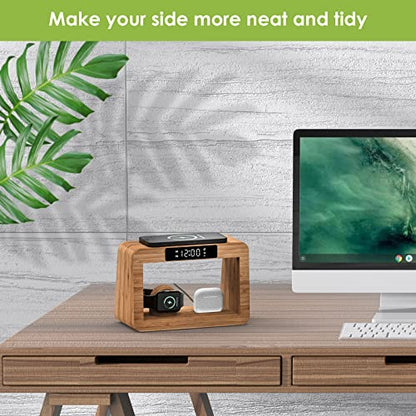 Bamboo Wireless Charging Station, Night Light with Digital Alarm Clock, Nightstand Charging Station for Apple Devices, Fast Wireless Charger for iPhone/Apple Watch/AirPods Pro
