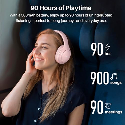 TOZO HT3 Hybrid Noise Cancelling Wireless Headphones, 90H Over Ear Headset | Hi Res Audio, AI Voice Assistant, Dual Device Connection, 32 Custom EQs, Built In 5 Mics, ANC, Foldable with Case - color: Pink
