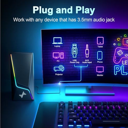 Nylavee Computer Speakers for Desktop, PC Speakers with 6 Lighting Modes | USB Powered with 3.5mm AUX, Dual Speaker Units and 2 Bass-Boost Ports for PCs, Laptops and Monitors