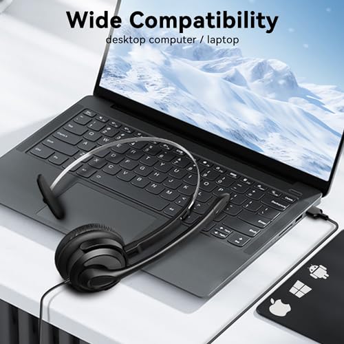 Voistek USB Headset with Noise Canceling Mic,Single-Ear Headset for PC | Mono Headphones with USB-A Cable & USB-C Adapter,In-Line Volume Control,Mute Button for Teams Zoom,Home Office - color: ink black