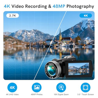 4K Video Camera Camcorder 3.0" Touch Screen Vlogging Camera for YouTube 18X Digital Zoom with External Stereo Microphone, Remote Control, 32G Card &2 Batteries