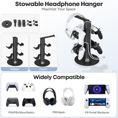 Gaming Controller & Headset Holder Stand for Desk, with Charger Cable Organizer Headphone Stand for PS5/ Xbox/ PS4/ Switch, Metal Base Controller Hook for Storage with 360° Rotatable Hanger- 2 Tiers - size: 2 Tiers