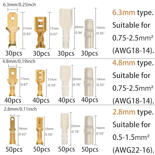 Feggizuli 480pcs Male and Female Spade Connectors Kit With Insulating Sleeve - 2.8mm, 4.8mm, 6.3mm Crimp Terminals for Electrical Wiring