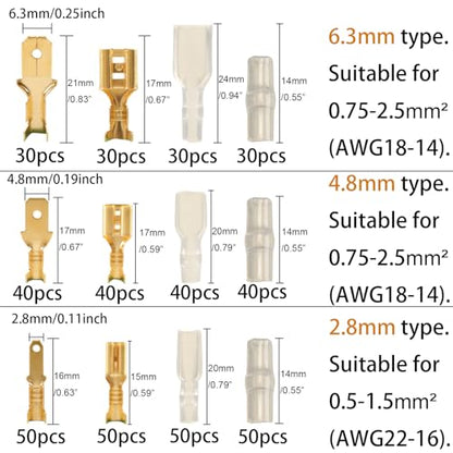 Feggizuli 480pcs Male and Female Spade Connectors Kit With Insulating Sleeve - 2.8mm, 4.8mm, 6.3mm Crimp Terminals for Electrical Wiring