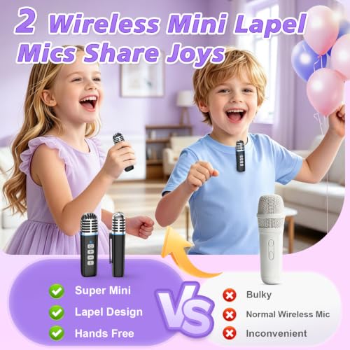 Mini Karaoke Machine for Kids with 2 Wireless Lapel Microphones | Portable Bluetooth Karaoke Speaker, Magnetic Phone Stand, Lyrics Display, Birthday for Girls Boys - color: Black