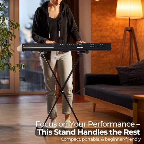 Flexzion Classic Keyboard Stand Musician Electronic Piano Organ Single Tube X Type 7 Position Folding Adjustable Height Metal Braced Rack Portable with Locking Straps