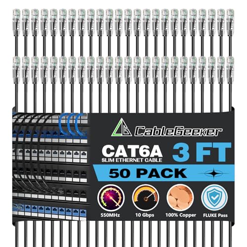 CableGeeker Cat 6A Slim Ethernet Patch Cables, 3 ft, 50-Pack, Black | 28AWG Pure Copper, 10Gbps/550MHz, Snagless Gold-Plated RJ45, Ultra-Thin Flexible Design for Switches, Patch Panels, and Racks - color: Black-Slim, size: 3ft, style: 50 Pack