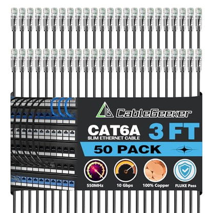 CableGeeker Cat 6A Slim Ethernet Patch Cables, 3 ft, 50-Pack, Black | 28AWG Pure Copper, 10Gbps/550MHz, Snagless Gold-Plated RJ45, Ultra-Thin Flexible Design for Switches, Patch Panels, and Racks - color: Black-Slim, size: 3ft, style: 50 Pack
