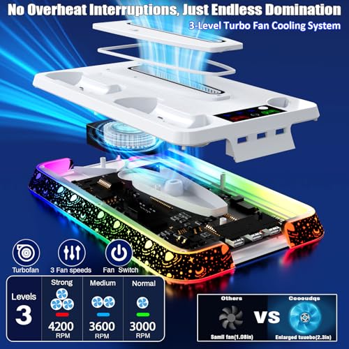 PS5 Stand for PlayStation 5 Disc & Digital Console, PS5 Cooling & Charging Station with RGB, PS5/Slim/Pro Controller Charger Incl. 3 Level Fan,Headset, PS5/Slim/Pro Accessories Comes 3 USB Ports - color: Star-white