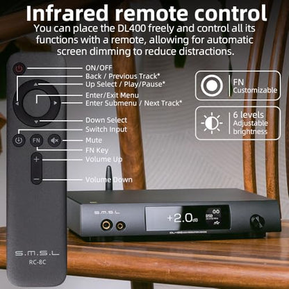 S.M.S.L DL400 Audio DAC & Headphone Amplifier DSD 256 PCM 32bit/768kHz 32Ω3000mW*2 Balanced Headphone Amplifier RCA/XLR/6.35mm&4.4mm Headphone Output with Remote Control, Hi-Fi Audio Stereo Receiver