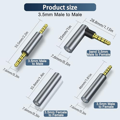 4 Pack 3.5mm Audio Adapter - 3.5mm TRRS Stereo Jack Adapter with Gold Plated Connectors, for Mobile Phones, Tablets, Car Audio, Speakers - style: 4 M/F/Angle