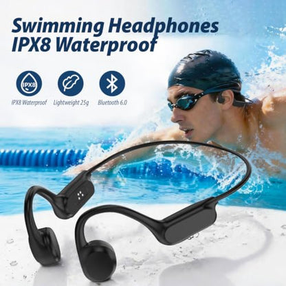 Bone Conduction Headphones IPX8 Waterproof Open Ear 32G MP3 Player | 8 Hours Long Battery & Secure Fit, Lightweight Open Ear Comfort, for Swimming, Running & Cycling, Great for Outdoor Fitness