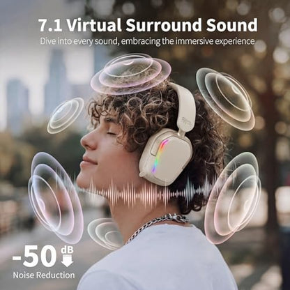RK Royal Kludge HG101 Wireless Gaming Headset, 7.1 Surround Sound, Stereo Wired Headphones with Retractable Mic, Bluetooth5.3, RGB, Memory Foam Ear Pads, Works with PC, PS4, PS5, Switch, Platinum Grey - color: Platinum Grey