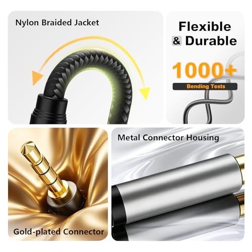 Male to Male Audio Cable 1Ft,3.5mm 4 Pole Nylon Braided Stereo Aux Cord for Headphones, PS4,Phone, Tablets, Headset, PC, Laptop and More(1Ft/0.3M) - size: 1 ft