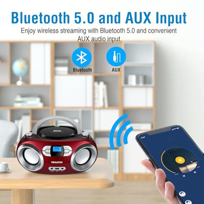 MEGATEK Portable CD Player Boombox with Bluetooth & FM Radio – Cherry Red | USB Playback, Clear Stereo Sound, AUX Input, Headphone Jack, CD-R/RW & MP3-CD Support, LCD Display, AC/Battery Powered - color: Cherry Red