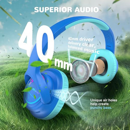 iClever BTH18 Kids Bluetooth Headphones LED Lights for Toddler Boys Girls | SafeSound Tech, 43H Playtime Stereo Sound, USB C Charging AUX Cable, Over Ear Kids Headphones Wireless for iPad/Tablet/Travel - color: B-Blue