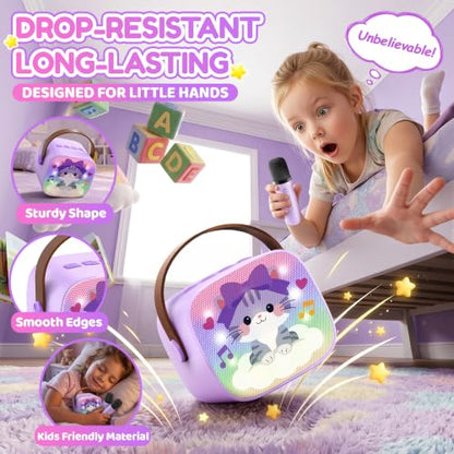 YLL Karaoke Machine for Kids, Portable Mini Speaker with 2 Wireless Microphones, Kids Toy Gifts for Girls Ages 3, 4, 5, 6, 7, 8, 9, 10+ Years Old, 4-12th Birthday Singing Home Family Party - color: Violet-Cat