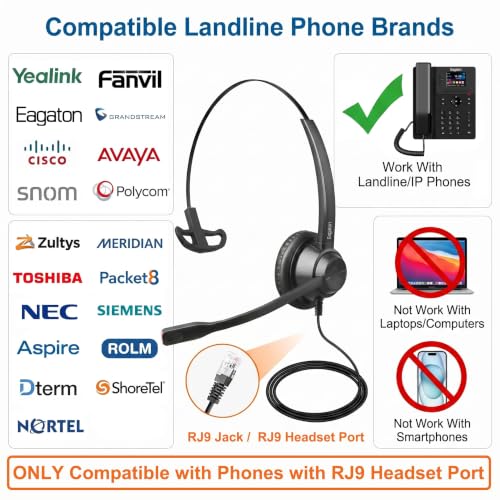 X1 RJ9 Desk Phone Headset - Desk Phone ONLY - Single Ear Noise Cancelling Mic - Compatible with Yealink Cisco Polycom Avaya IP Phones - All-Day Comfort