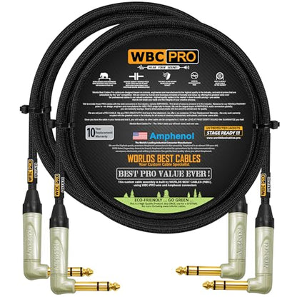 2 Units - 4 Foot - WBC-PRO-Quad Ultra-Silent Ultra-Flexible Balanced Star-Quad Cable with Amphenol QS3R-AU ¼ Inch (6.35mm) Gold Right-Angled TRS Stereo Phone Plugs & Black Tweed Jacket - size: 4 FT, style: 2 Cables
