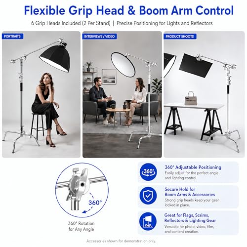 3-Pack Heavy Duty C-Stands Kit, 6.9ft Stainless Steel Stands with 34.6in Boom Arms, 6 Grip Heads and TB-130 Wheeled Rolling Case for Studio Lighting - size: 210CM C Stand 3 Pack with TB-130