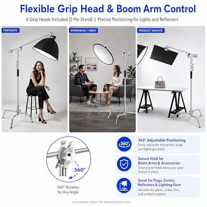 3-Pack Heavy Duty C-Stands Kit, 6.9ft Stainless Steel Stands with 34.6in Boom Arms, 6 Grip Heads and TB-130 Wheeled Rolling Case for Studio Lighting - size: 210CM C Stand 3 Pack with TB-130