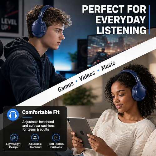 Bluetooth Headphones Wireless 68H with Mic,Decent Sound-Acceptable Blue | Adjustable Headband Foldable Over-Ear Lightweight for Office/Travel/Tablet/iPad/Laptop,HD Stereo Sound,Aux 3.5mm,D-Blue - color: Blue