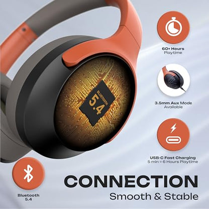 PowerLocus Bluetooth Headphones Over Ear, 60H Playtime, 4 EQ Modes Wireless Headphones with Microphone, Hi-Fi Stereo Deep Bass Foldable Headphone, Soft Foam Ear Cups,Fast Charging for Travel/PC/Phones - color: Grey/Orange