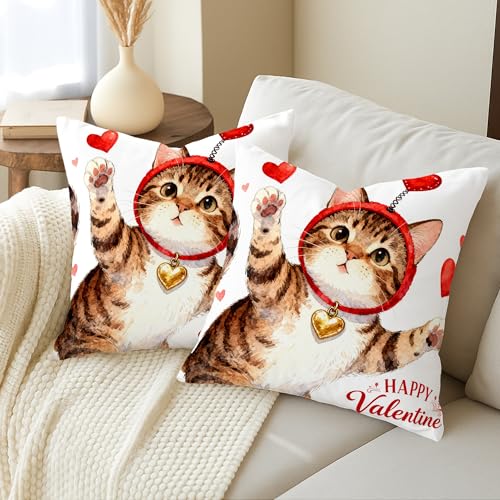 Cat Throw Pillow Covers Set of 2, Playful Fanciful Hearts Red Headband Valentine Red Soft Velvet Washable Square Pillow Cases for Living Room Bed Office Sofa Chair Decor 16x16 Inch - size: 16" x 16" (Pack of 2)