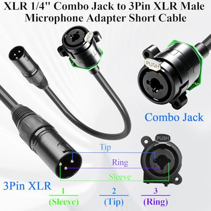 QIANRENON Combo Jack to XLR Plug Adapter Mount Short Cable XLR/TRS Combo Connector to 3 Pin XLR Male Hybrid Connector Audio Extension Cable, for Microphone Mixing Console Amplifier, 35cm/13.8in