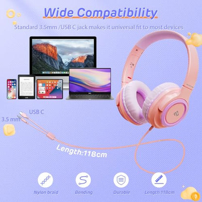 Kids Headphones with 3.5mm & USB C Headphones Kids for School, Over-Ear for Boy Girls, Adjustable Headband,Foldable,Built-in Mic, Safe Volume Wired Headphone for iPad/Travel/Classroom, ideal gift-Pink - color: Rose