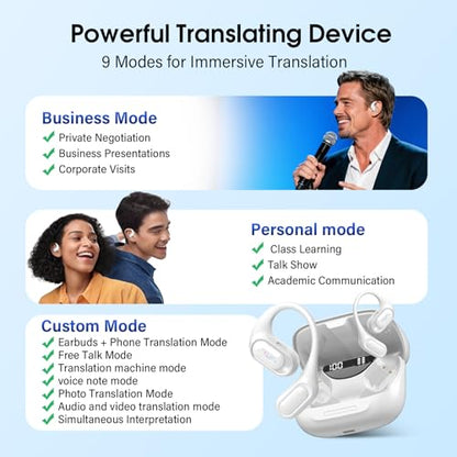 Open Ear Headphones, Bluetooth 5.4 Wireless Earbuds, White | HiFi Stereo with HD Mic, 50H LED Power Display Air Conduction Earbuds, AI Translation Earbuds Real Time for Sports Working - color: White