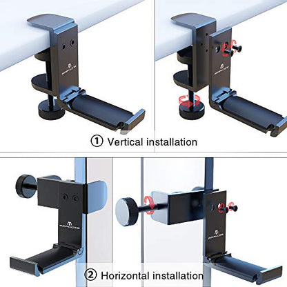 2Pack Upgrade Foldable Headphone Stand Under Desk PC Gaming Headset Hanger Holder Hook Clamp with Built in Cable Clip Organizer Space Save Mount Fold Upward Not in Use, Universal Fit, Black - color: Premium Black-Two Pack