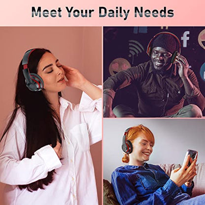 Bluetooth Headphones Over Ear, 6S Foldable Wireless Headphones with 6 EQ Modes, 40 Hours Playtime HiFi Stereo Headset with Mic, Soft Ear Pads, TF/FM for Cellphone/PC/Home (Red) - color: Red