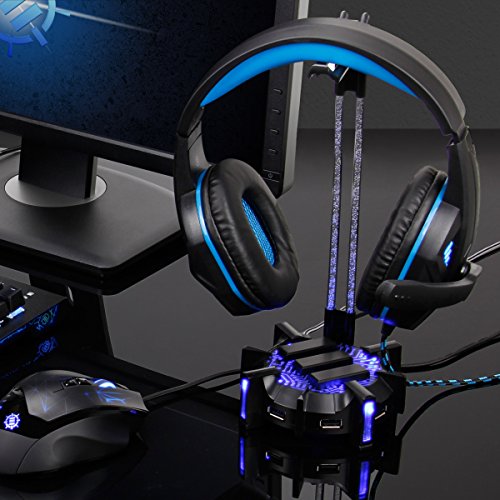 ENHANCE Gaming Headphone Stand Headset Holder with 4 Port USB Hub, Customizable LED Lighting, Flexible Acrylic Neck - Universal Hanger with Weighted Base for Wired or Wireless Headsets - PS4, Xbox, PC