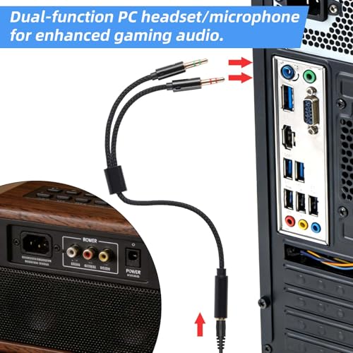 2pcs 2-in-1 Headphone & Microphone Splitter Cable, 3.5mm/0.14in Female to Dual 3.5mm/0.14in Male Audio Adapter Black & Gray Y-Splitter for Gaming Headset PC Laptop Computer Speaker