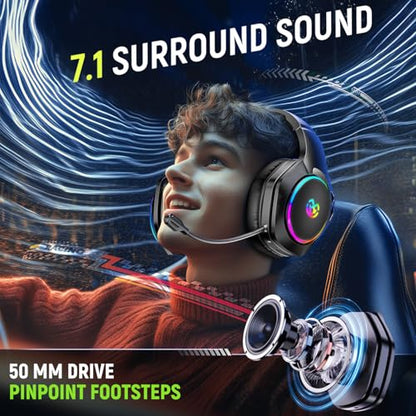 Tatybo Wireless Gaming Headset for PS5 PC, Dual Mode, Low Latency, Black | 7.1 Surround Sound, Bluetooth+2.4GHz Gaming Headset, Noise-Canceling Mic for FPS, 40Hrs for Switch, Mobile, Laptop - color: Black