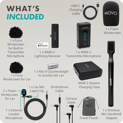 Movo WMX-2-L Wireless Lavalier Microphone for iPhone/Lightning Devices with WMX-HM Handheld Adapter - Lapel Mic with Handle Mount for Content Creators, Interviews, Reporting - style: Lightning Single