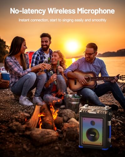 Professional Karaoke Machine for Adults with 2 Wireless Microphones | Karaoke Bluetooth 5.3 Speaker Portable Wooden Karaoke PA System with Bass/Treble Adjustable for Backyard, Home Party (BLUE)