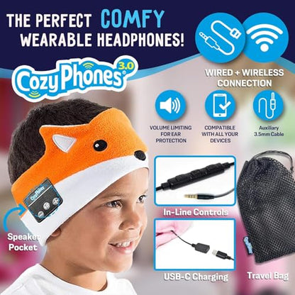 CozyPhones Toddler Headphones Wireless, Kids Bluetooth Earphones, Safe Volume - Wired School Headphones for Kids with 3.5 MM Jack and Travel Bag - Toddler Airplane Accessories for Boys & Girls - Fox - color: FOX WIRELESS
