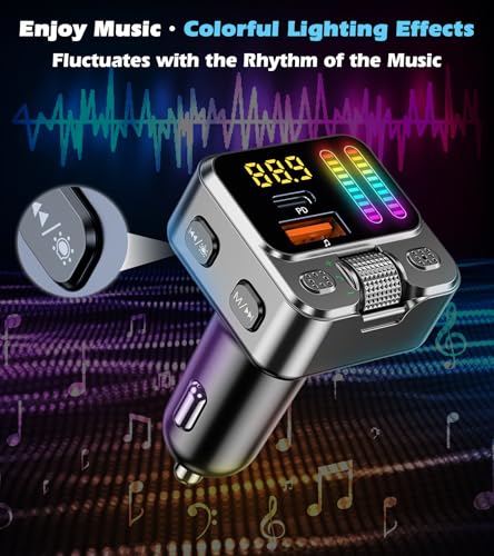 Bluetooth 5.3 Car Adapter with FM Transmitter 42W PD Fast Charging | Bluetooth AUX USB Music Receiver HandsFree Calls, Beat Sync LED Lights for Car Stereo, Compatible with 12V-24V Vehicles