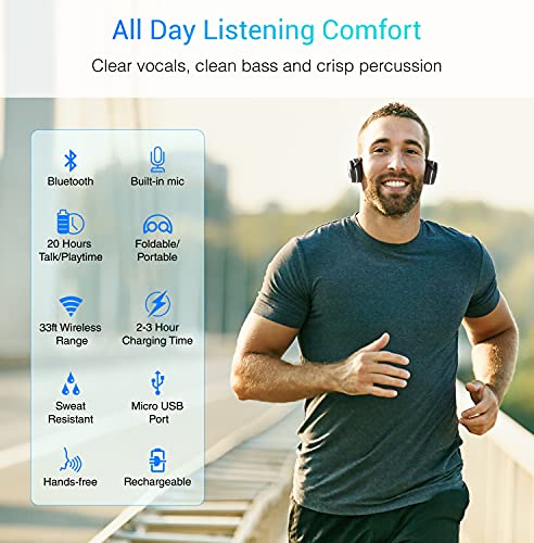 Kinivo BTH240 Bluetooth Headphones On-Ear, Wireless Music, Calling, Mic | Sports Running Headphones (Hands-Free Calling, Built-in Mic, Foldable, Travel Bag) Bluetooth Headset for running gym workout - size: BTH240
