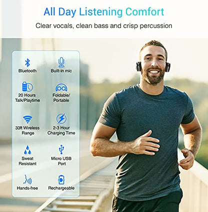 Kinivo BTH240 Bluetooth Headphones On-Ear, Wireless Music, Calling, Mic | Sports Running Headphones (Hands-Free Calling, Built-in Mic, Foldable, Travel Bag) Bluetooth Headset for running gym workout - size: BTH240