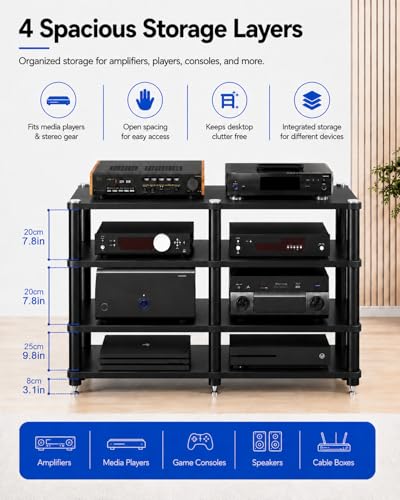 4 Tier Heavy Duty AV Media Stand, Stereo Stands and Racks, Black | Audio Tower HIFI Rack Stereo Shelf 352 lb Load Capacity, vibration-dampening feet, open ventilation, Built for Hi-Fi systems - color: Black, size: 4 tier