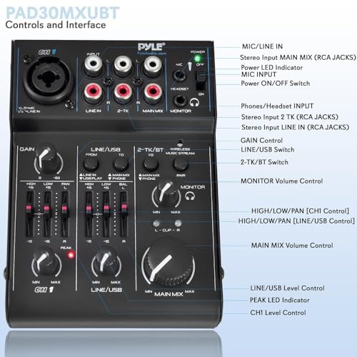 3 Channel Bluetooth Audio Mixer - DJ Sound Controller Interface with USB Soundcard for PC Recording, XLR, 3.5mm Microphone Jack, 18V Power, RCA Input/Output for Professional and Beginners - PAD30MXUBT - style: 3 Channel Bluetooth