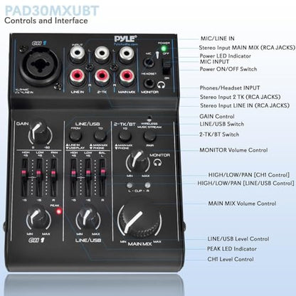3 Channel Bluetooth Audio Mixer - DJ Sound Controller Interface with USB Soundcard for PC Recording, XLR, 3.5mm Microphone Jack, 18V Power, RCA Input/Output for Professional and Beginners - PAD30MXUBT - style: 3 Channel Bluetooth