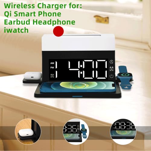 IHAO 6in1 Smart Alarm Clock with Wireless Charger RGB Mood Light 15W Fast Wireless Charging for All Qi Phone TWS Headphone Compliant with i-Watch 7 Color Night Light Large Digital Display-Black - color: Multifunctional Alarm Clock Black