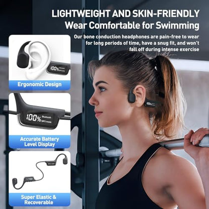 Swimming Headphones,IPX8 Underwater Swimming Headphone with LED Display,Bone Conduction Swim Headphone Built-in 32G Memory MP3 Player,Open Ear Earphones for Running Cycling
