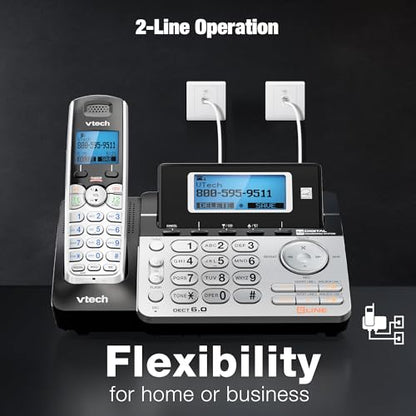 VTech DS6151-2 2-Line Expandable Cordless Phone System, 2 Handsets | Digital Answering System, Caller ID, DECT 6.0, Home & Small Business, Black/Silver - size: 2 Handsets